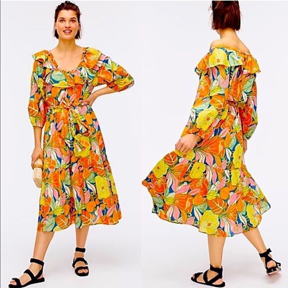💜 J.Crew Midi Dress in Tropical Floral Print with Ruffle Collar and Belt - Picture 1 of 5